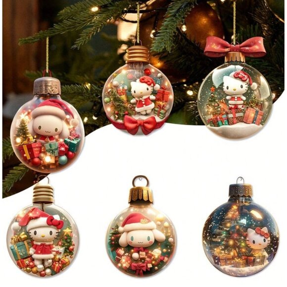 Adorable Hello Kitty Christmas Tree Ornaments 2D 6-Piece Holiday Decoration Set - Picture 1 of 4